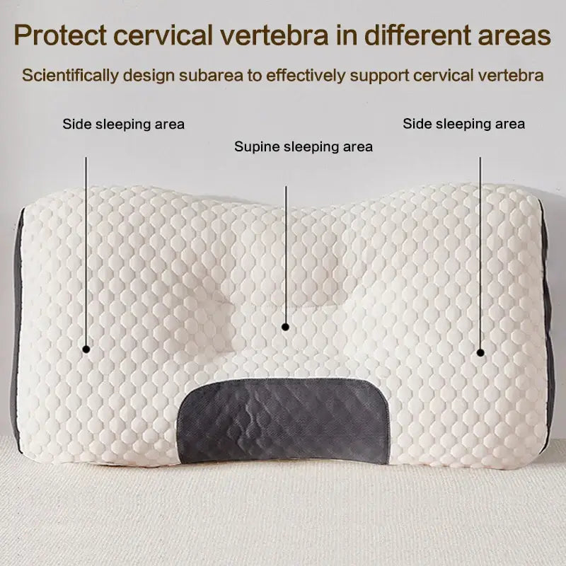 Cervical neck pillow showcasing distinct sleep areas for side and supine positions, promoting ergonomic support and comfort.
